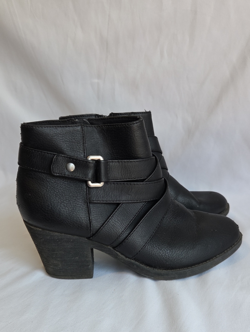 American Eagle By Payless Black Faux Leather Ankle Boots with Strap Detail